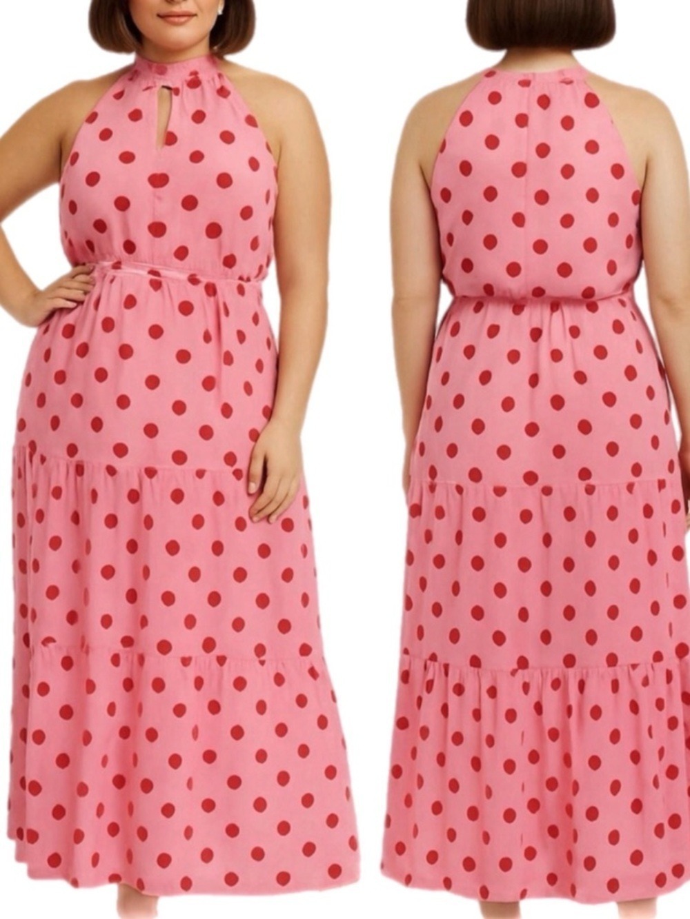 City Chic Plus Size Pink Polka Dot Maxi Dress w Belt Sz 20
